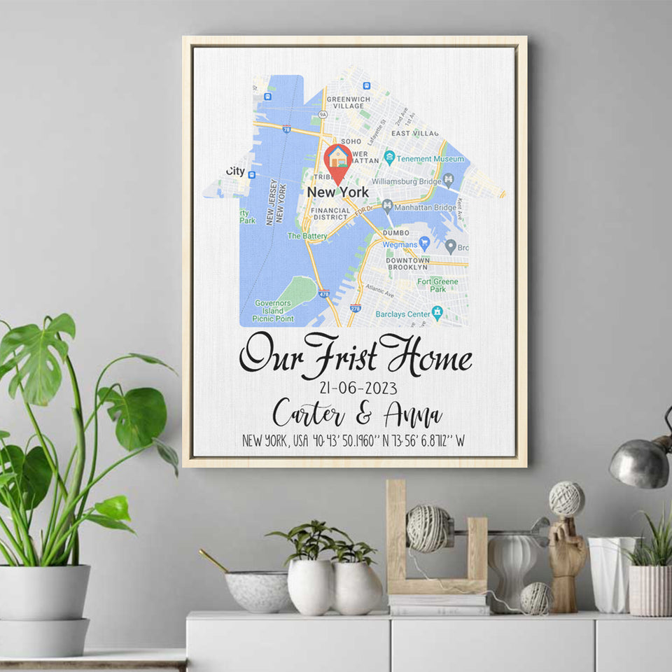 New Home Map Gift, Our Frist Home Canvas, Housewarming Gift for Couple, Realtor Closing Gift Custom Wrap Canvas