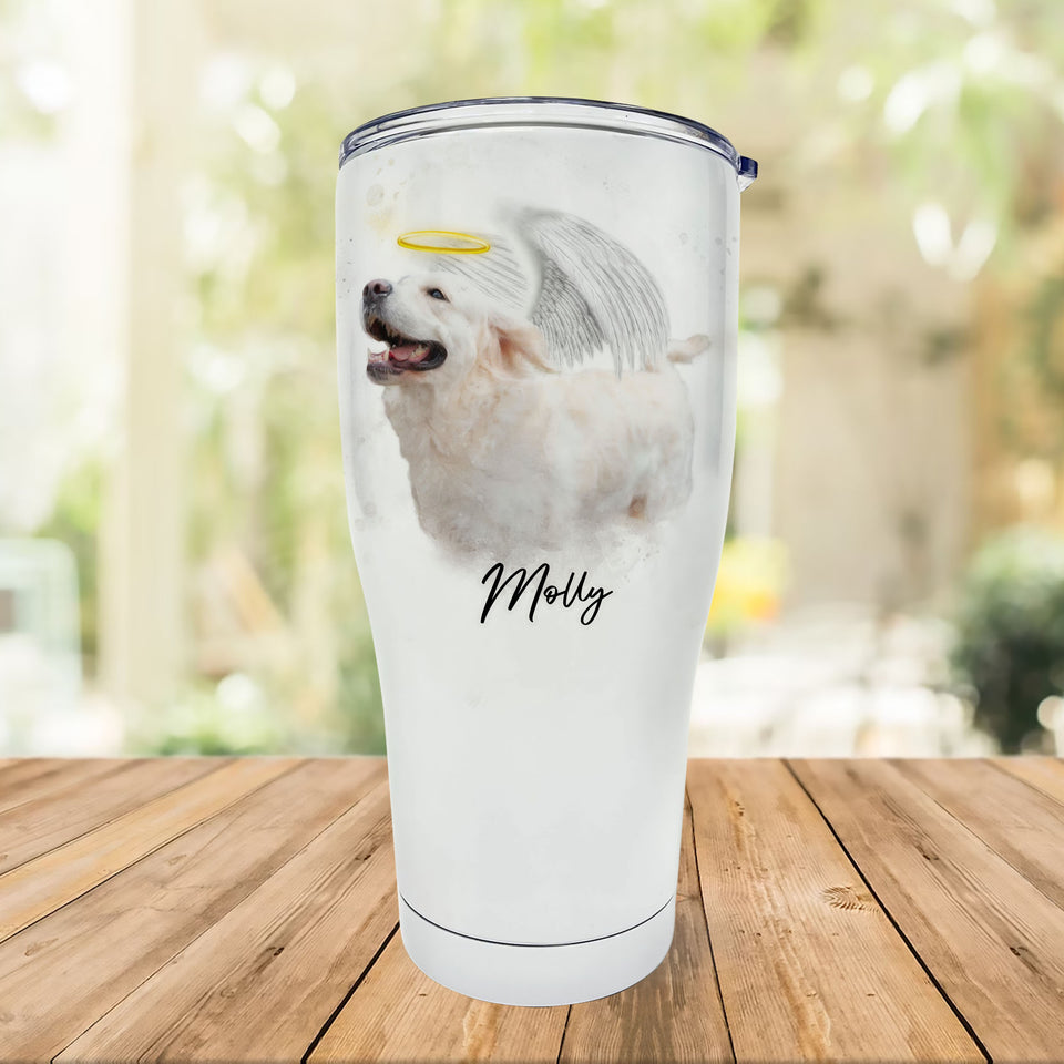 Pet Loss Memorial Portrait Painting from Photo with Angel Wings and Halo Deceased Pet on Fat Curved Tumbler