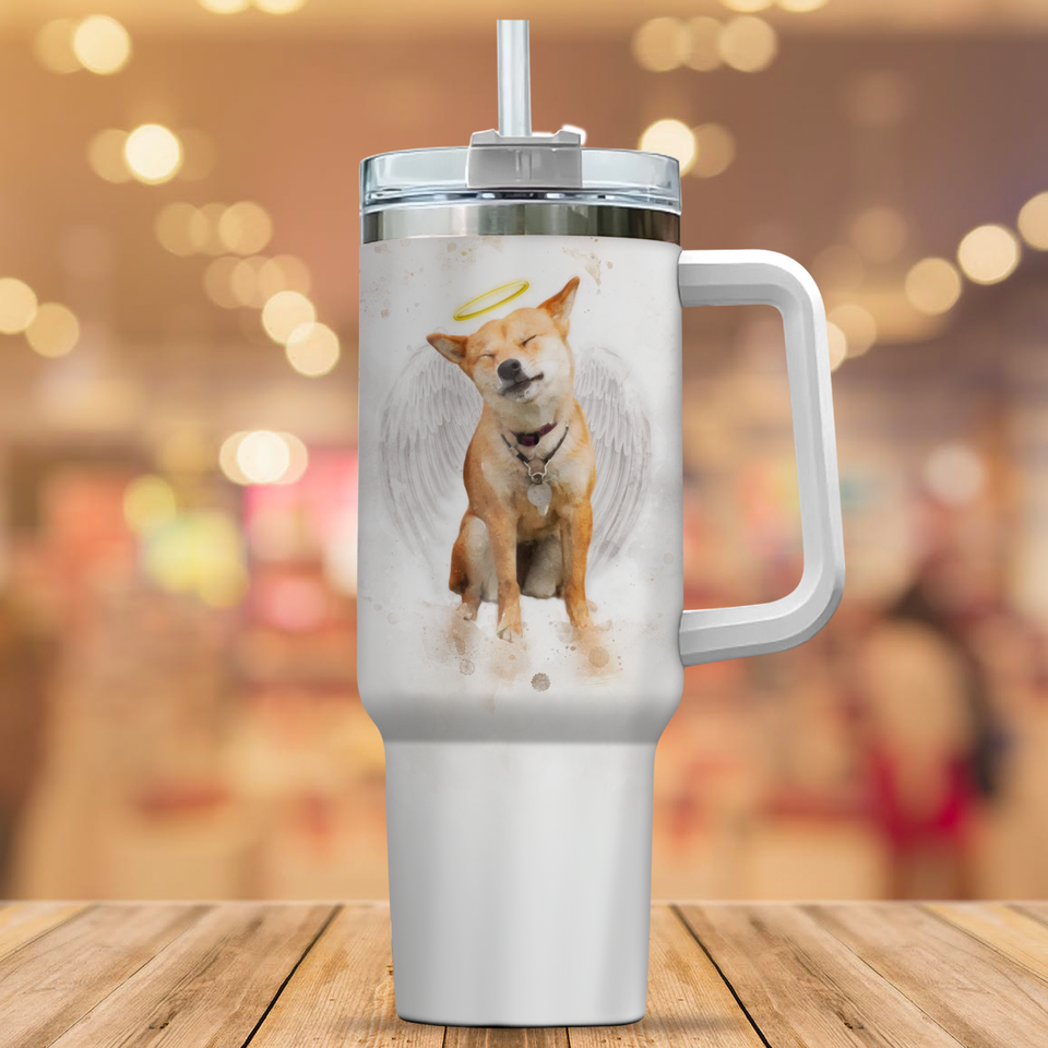 Pet Loss Memorial Portrait Painting from Photo with Angel Wings and Halo Deceased Pet on Large Tumbler