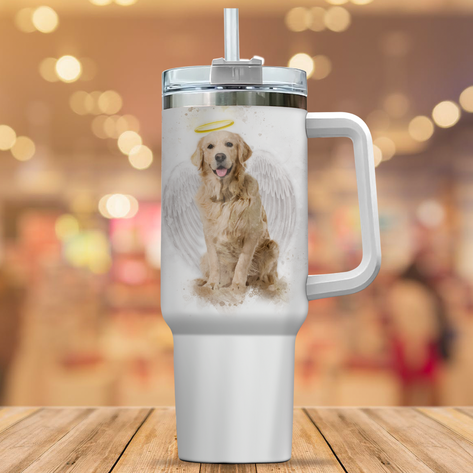 Pet Loss Memorial Portrait Painting from Photo with Angel Wings and Halo Deceased Pet on Large Tumbler