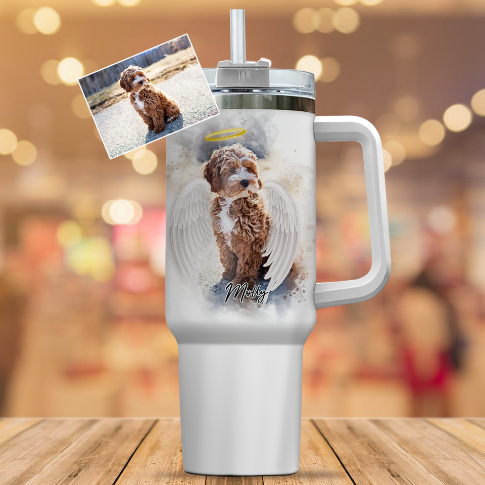 Pet Loss Memorial Portrait Painting from Photo with Angel Wings and Halo Deceased Pet on Large Tumbler