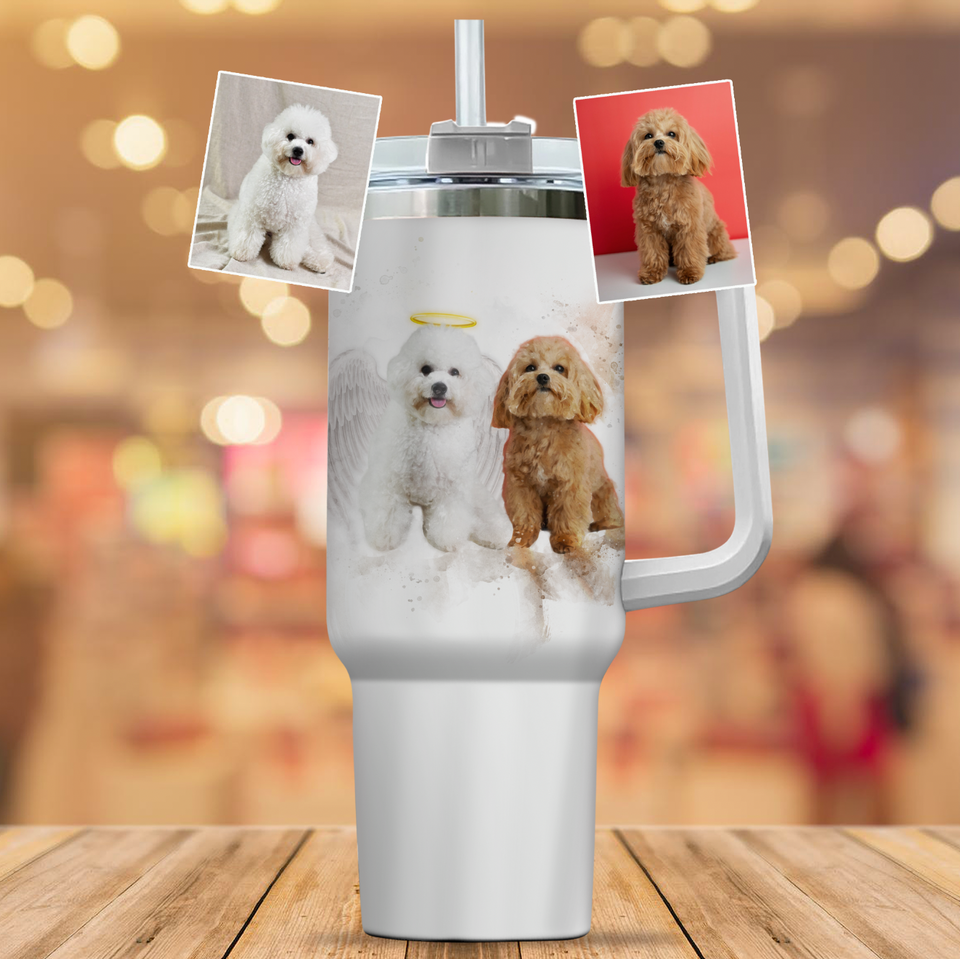 Pet Loss Memorial Portrait Painting from Photo with Angel Wings and Halo Deceased Pet on Large Tumbler