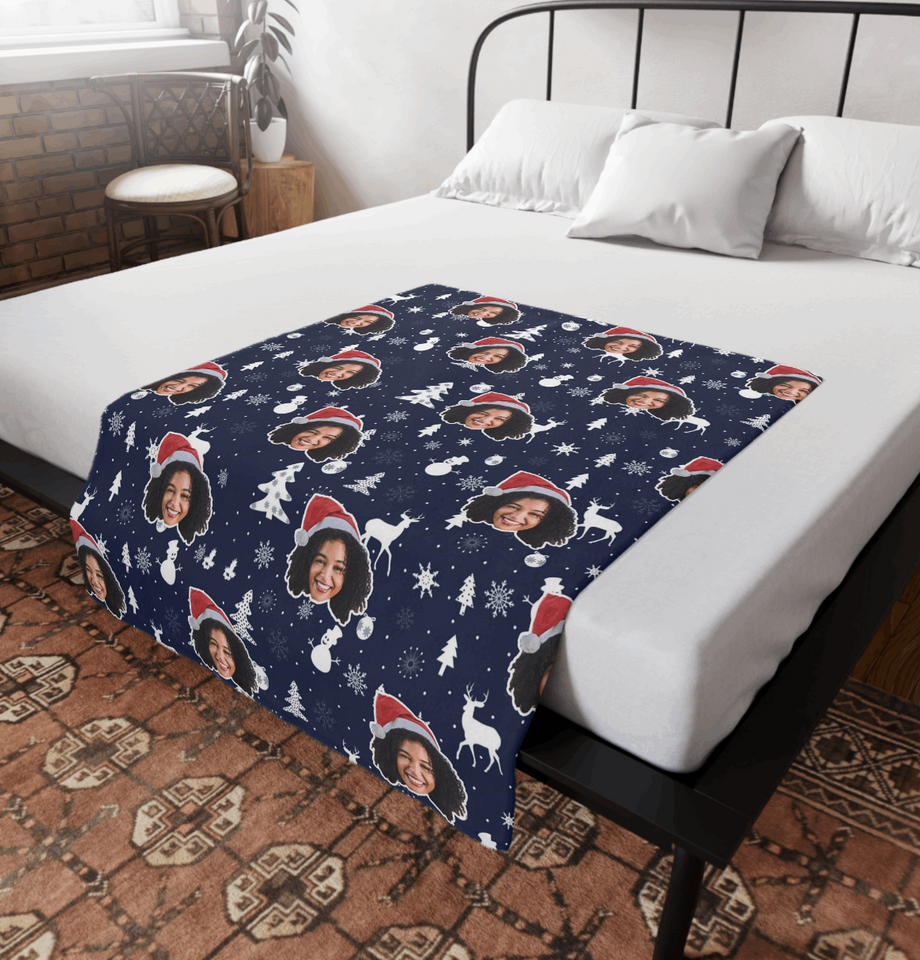 Custom Any Photo Face Funny Christmas Blue Fleecee/Sherpa Blanket - GreatestCustom