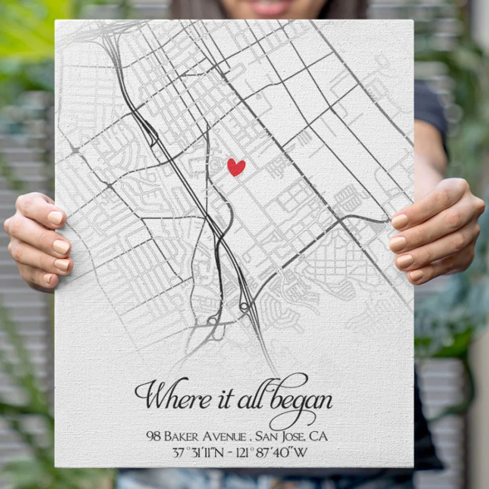 Personalized First Date Map, Custom Location Canvas, Anniversary Gift for Him or Her