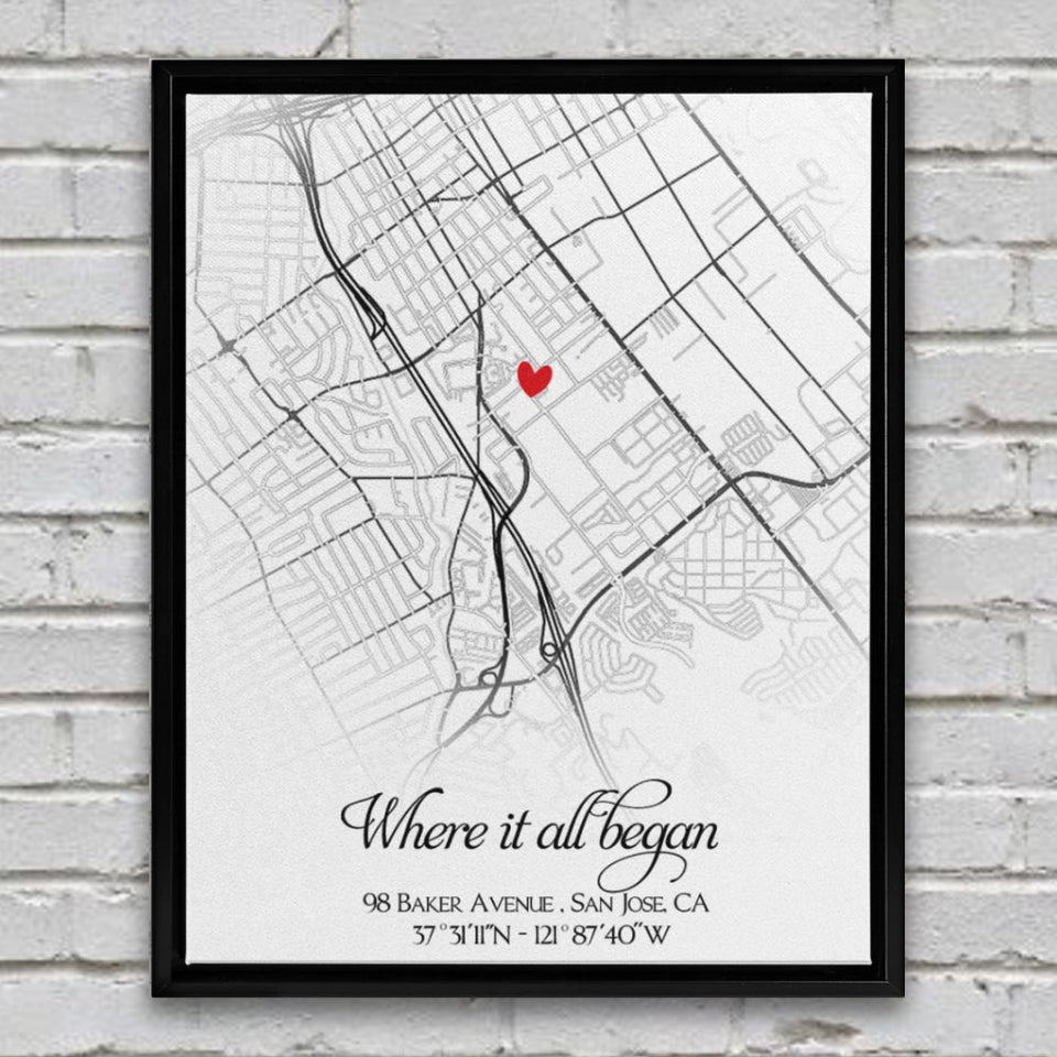 Personalized First Date Map, Custom Location Canvas, Anniversary Gift for Him or Her