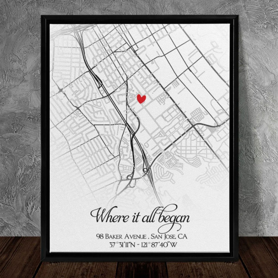 Personalized First Date Map, Custom Location Canvas, Anniversary Gift for Him or Her