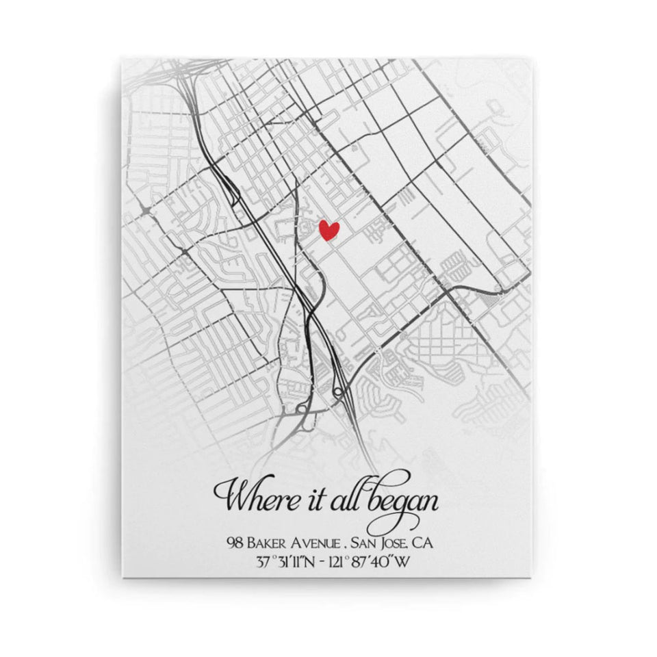 Personalized First Date Map, Custom Location Canvas, Anniversary Gift for Him or Her