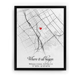 Personalized First Date Map, Custom Location Canvas, Anniversary Gift for Him or Her