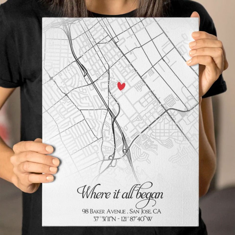 Personalized First Date Map, Custom Location Canvas, Anniversary Gift for Him or Her