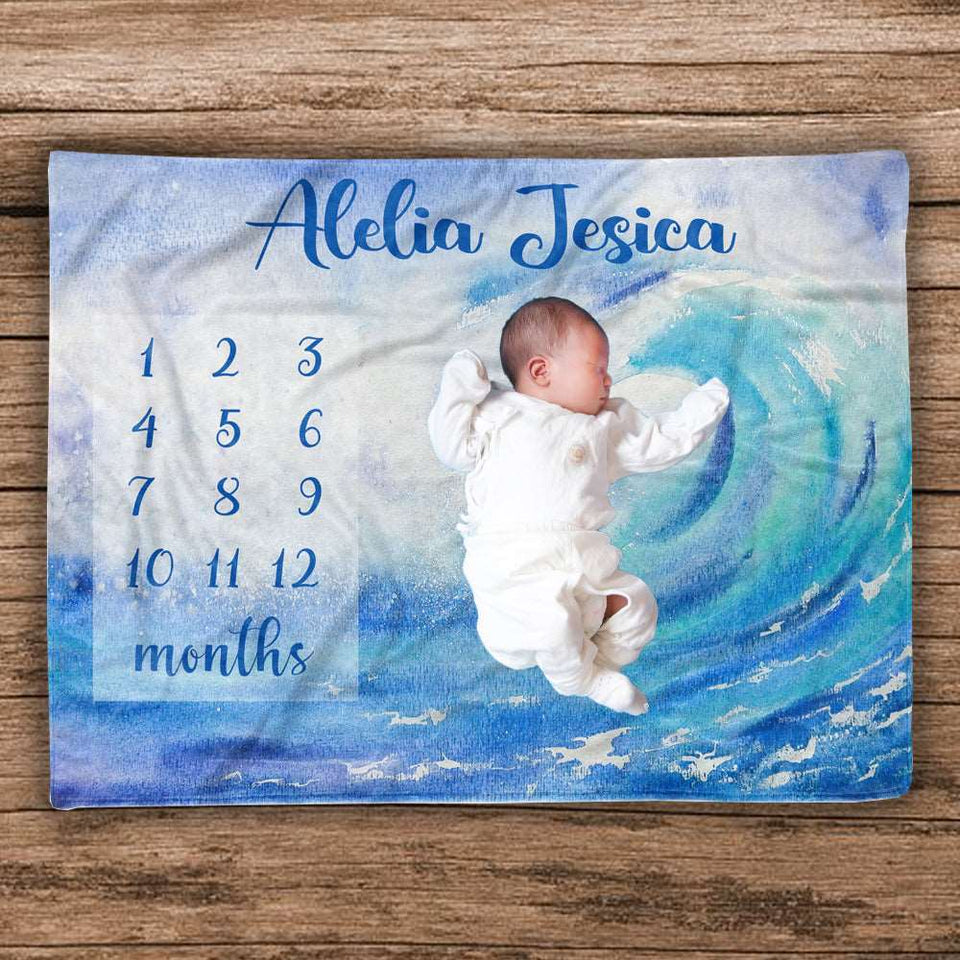 Baby Shower Gift, New Mom Gift, Monthly Baby Blanket, Milestone Ocean Waves Personalized Baby Blanket