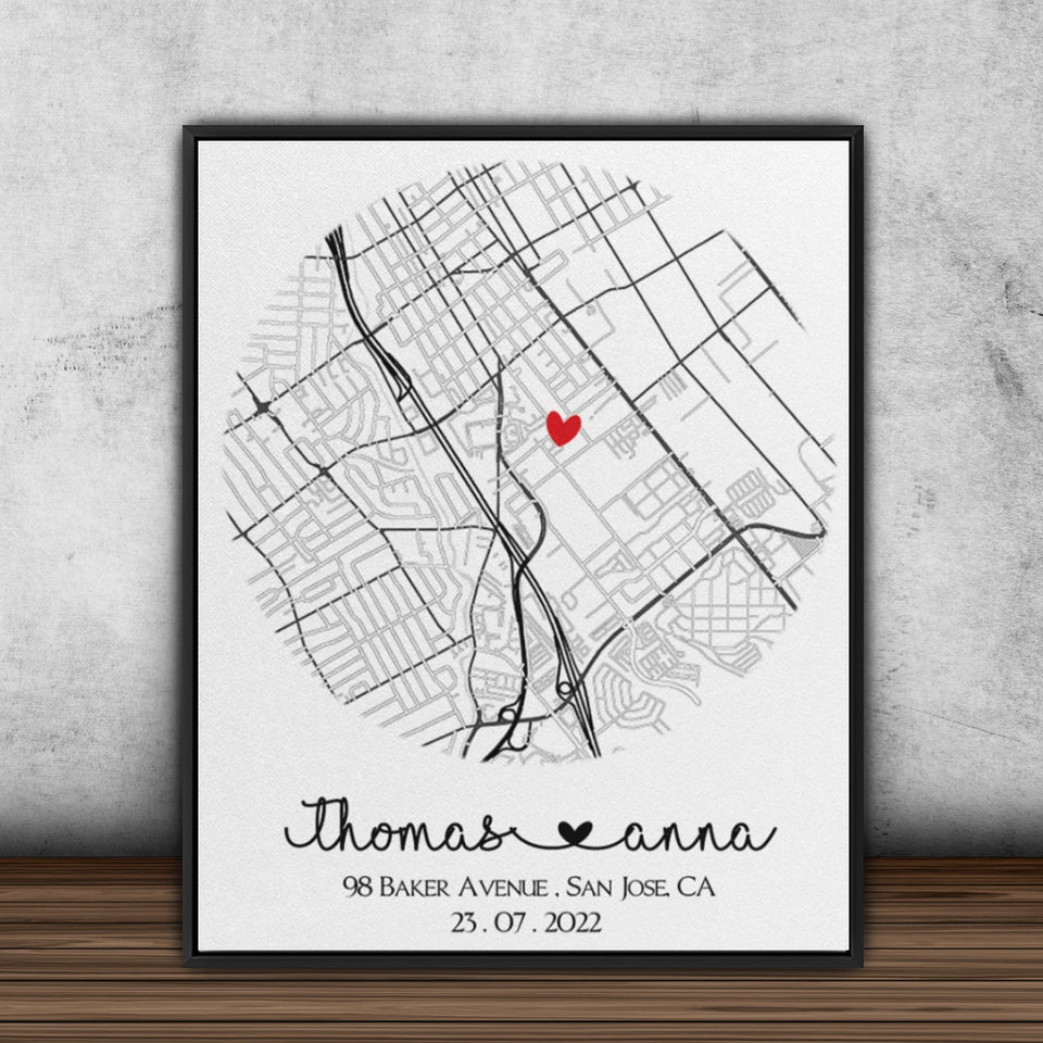 Custom First Home Map Couple Print Canvas, Housewarming Gift for First Home Couple, New House Map Canvas