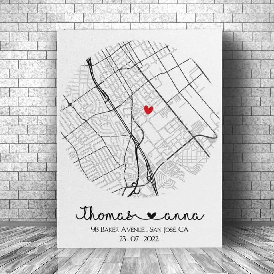 Custom First Home Map Couple Print Canvas, Housewarming Gift for First Home Couple, New House Map Canvas