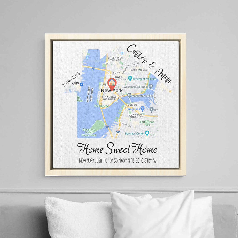 First New Home Gift for Couple House Shaped Map Wall Art, Custom City Map Art Print Frame Canvas ,Personalized Anniversary Gift for Him Her