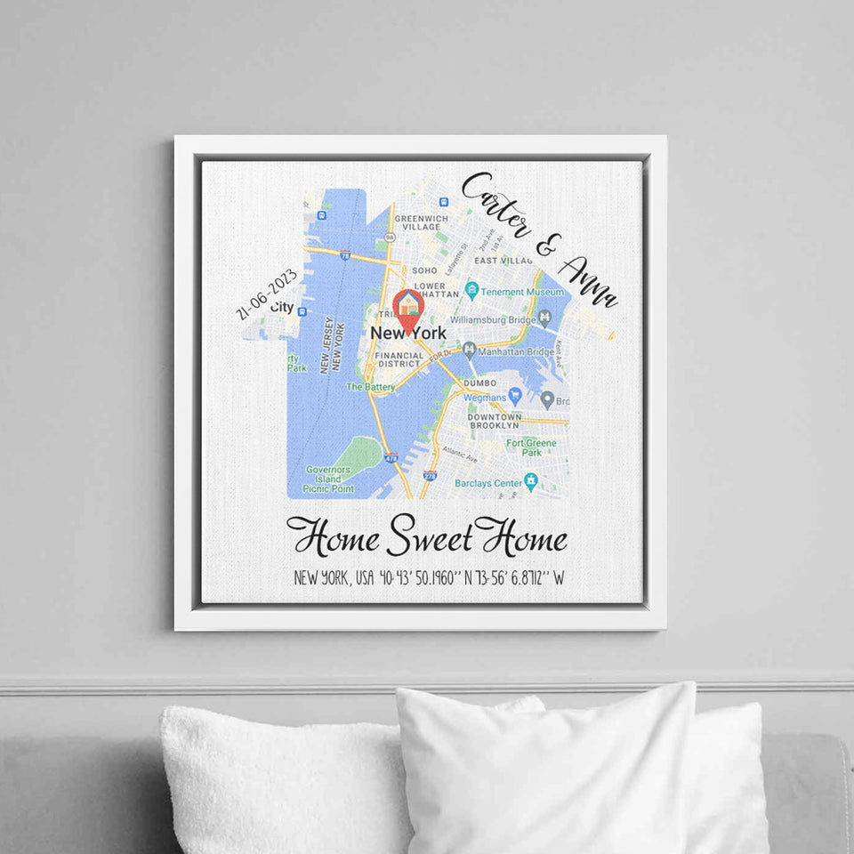 First New Home Gift for Couple House Shaped Map Wall Art, Custom City Map Art Print Frame Canvas ,Personalized Anniversary Gift for Him Her
