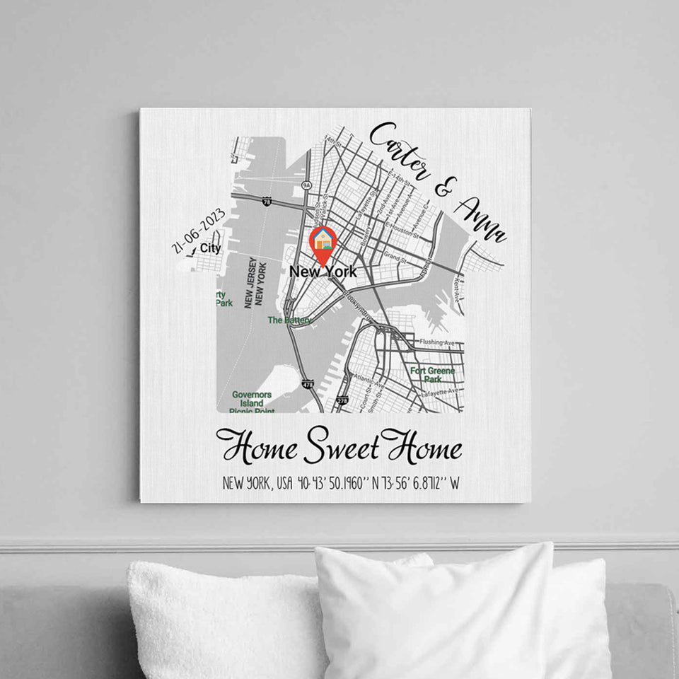 First New Home Gift for Couple House Shaped Map Wall Art, Custom City Map Art Print Frame Canvas ,Personalized Anniversary Gift for Him Her