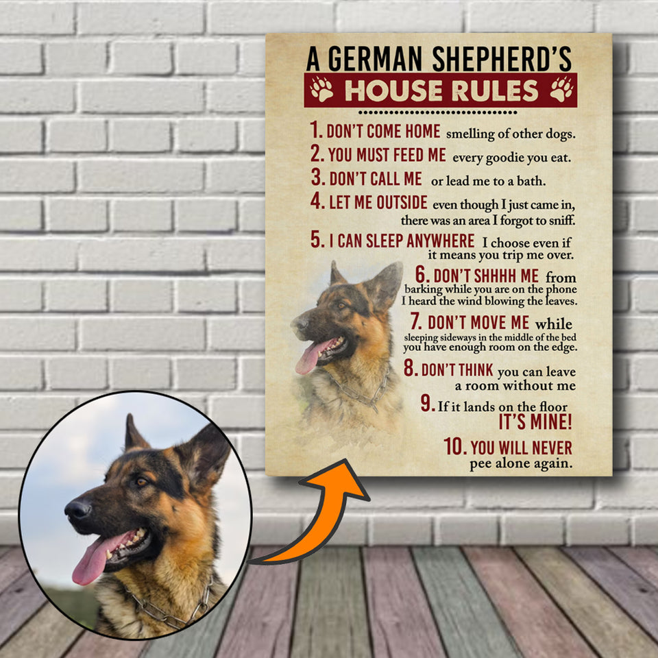 German Shepherd’s House Rules Canvas, Dog Mom Dog Dad Gift, Pet Owner Gifts, Custom Dog Portrait Canvas