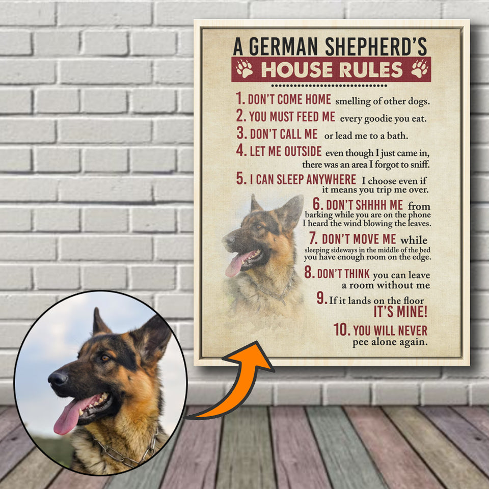 German Shepherd’s House Rules Canvas, Dog Mom Dog Dad Gift, Pet Owner Gifts, Custom Dog Portrait Canvas