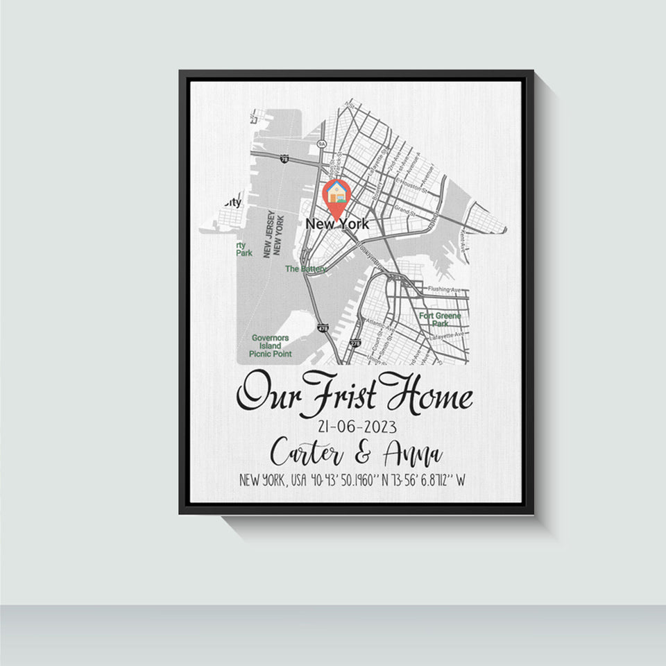 Custom Our First Home Map Canvas, Perfect Housewarming & Realtor Closing Gift for Couples