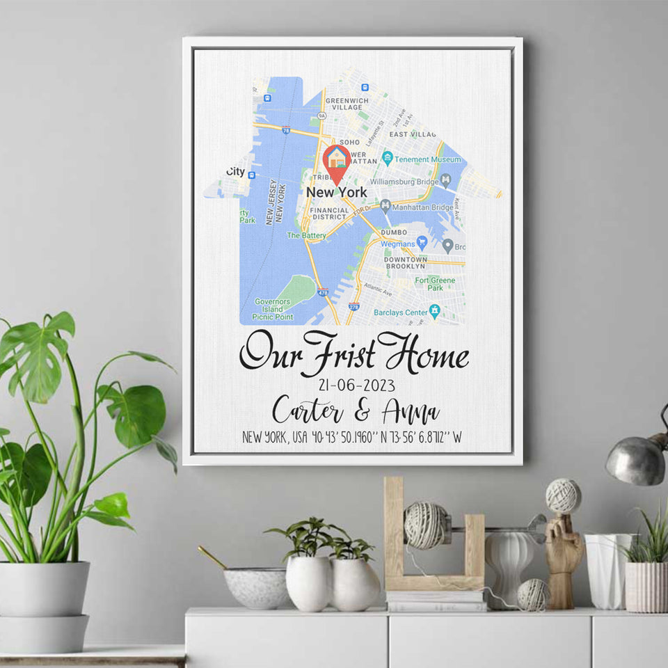 Custom Our First Home Map Canvas, Perfect Housewarming & Realtor Closing Gift for Couples