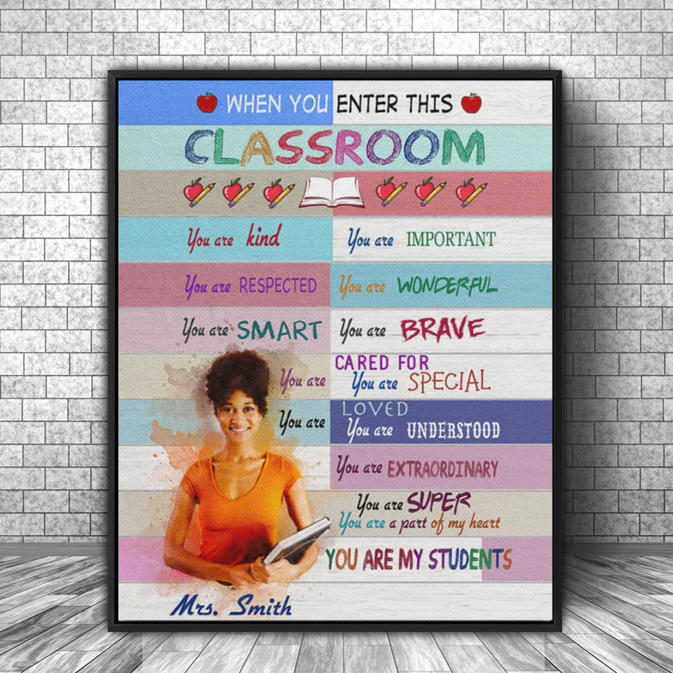 Personalized Teacher Classroom Canvas, Doll Teacher Wood Texture Classroom Wall Art, Back to School Watercolor Canvas Wall Decor