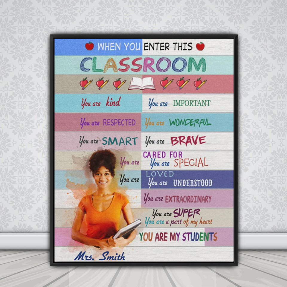 Personalized Teacher Classroom Canvas, Doll Teacher Wood Texture Classroom Wall Art, Back to School Watercolor Canvas Wall Decor