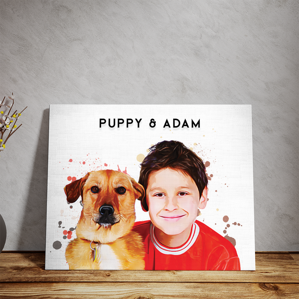 Custom Printed Pet with Human Portrait, Memorial Pet Gift Painting Oil, Unique Pet Canvas Print