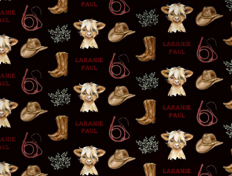 Personalized Highland Cow Boy Western Blanket Baby Blanket Name