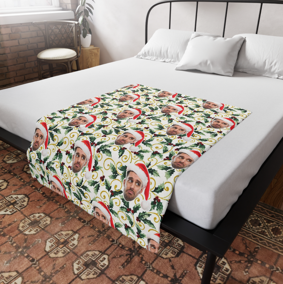 Custom Any Photo Face Funny Christmas Holly Fleecee/Sherpa Blanket