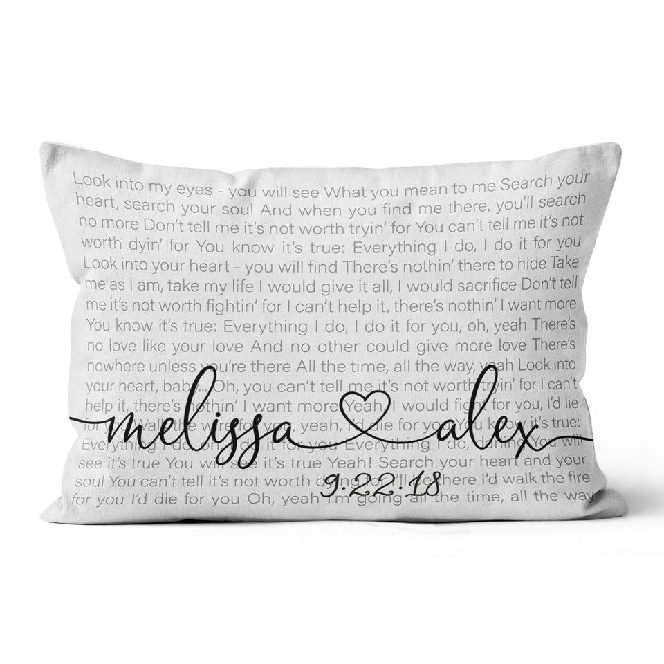 Song lyrics Pillow, Wedding Song Lyrics Pillow, Wedding Gift,Custom Song Lyrics, 1st Anniversary Gift Canvas Throw Pillow