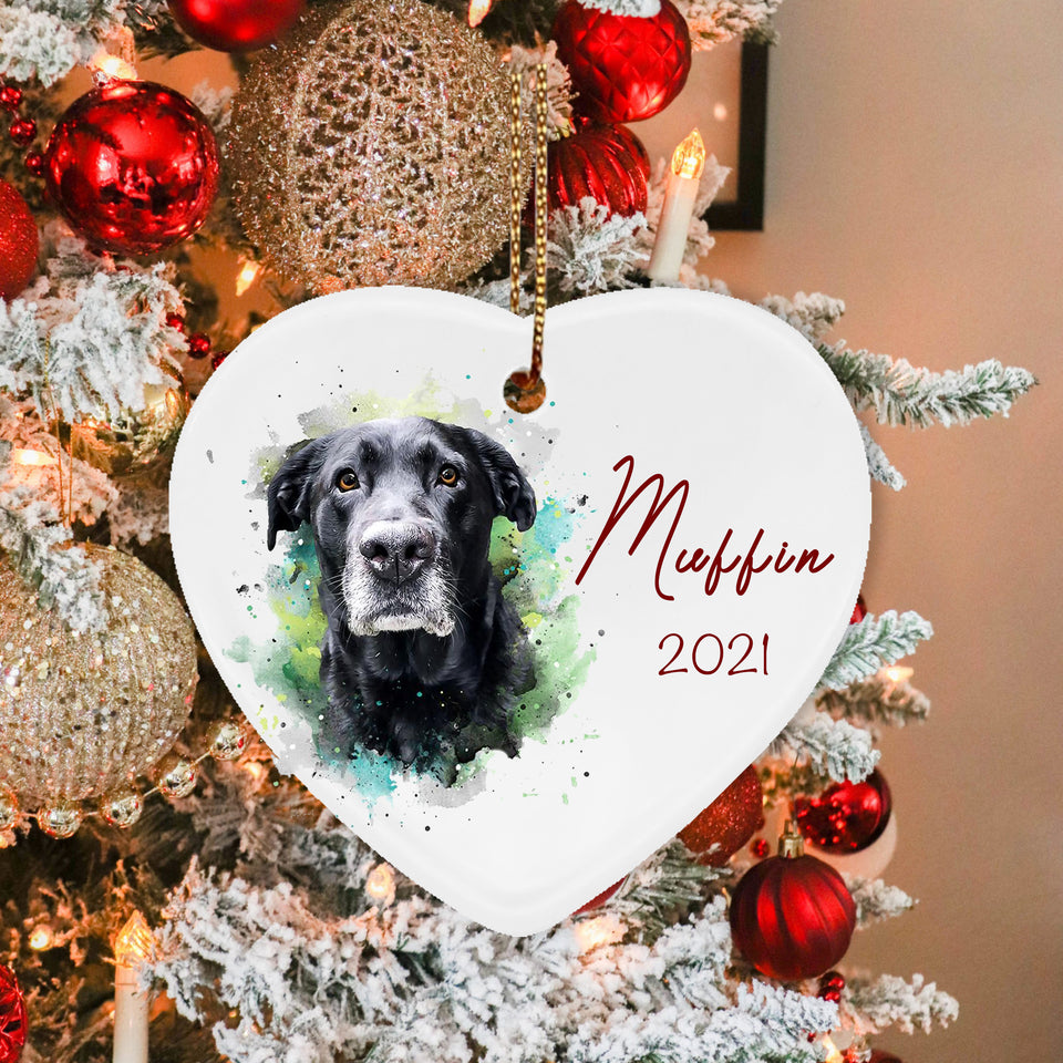 Personalized Dog Watercolor Heart Ornament, Custom Pet Memorial Christmas Gift for Dog Lovers
