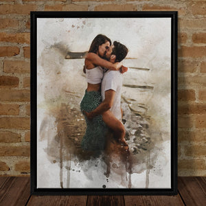 Personalized Photo Valentine Day Art Canvas, Valentine Painting Watercolor Portrait
