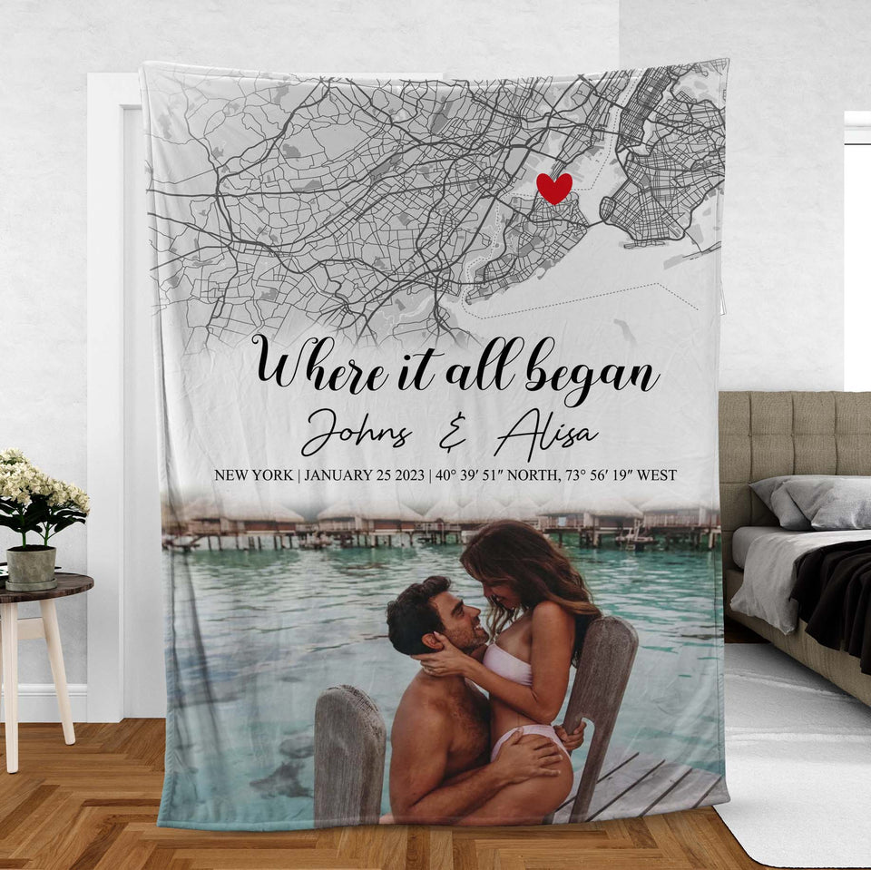 Personalized Couple Blanket, Where It All Began Map, Engagement or Gift for Him & Her