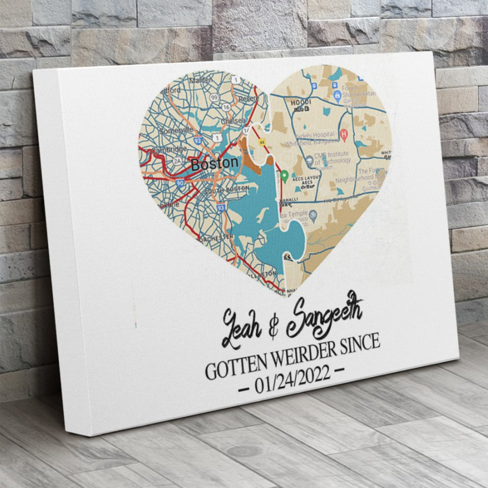 Valentine Gift For Him or Her Personalized Heart Map Print On Canvas