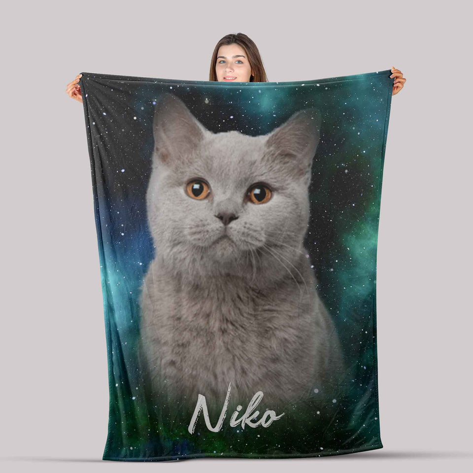 Personalized Custom Dog/Cat Portrait Galaxy Fleece/Sherpa Blanket, Dog Mom Gift Blanket