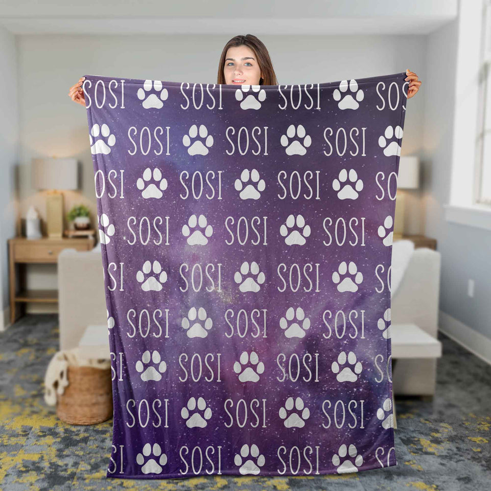 Custom Dog Puppy Blanket, Personalized Paw Print Name Galaxy Blanket