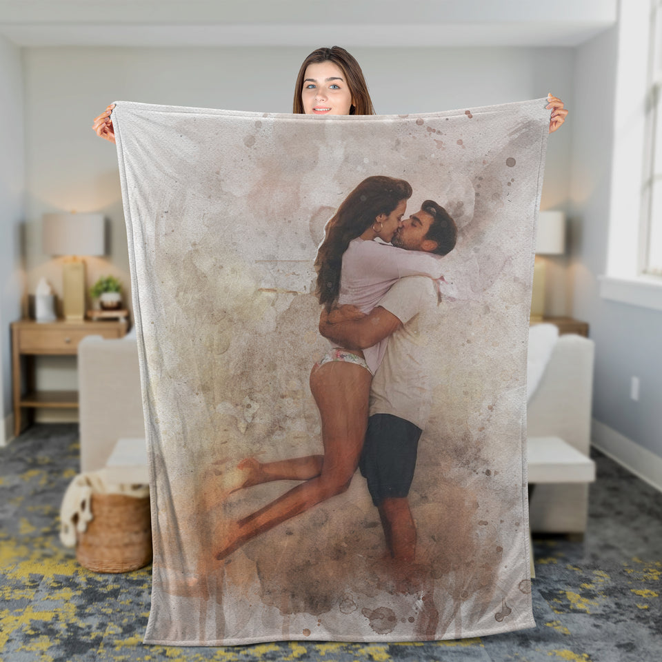 Valentine Day Gift for Couple Custom Watercolor Any Photo on Valentine Portrait Blanket