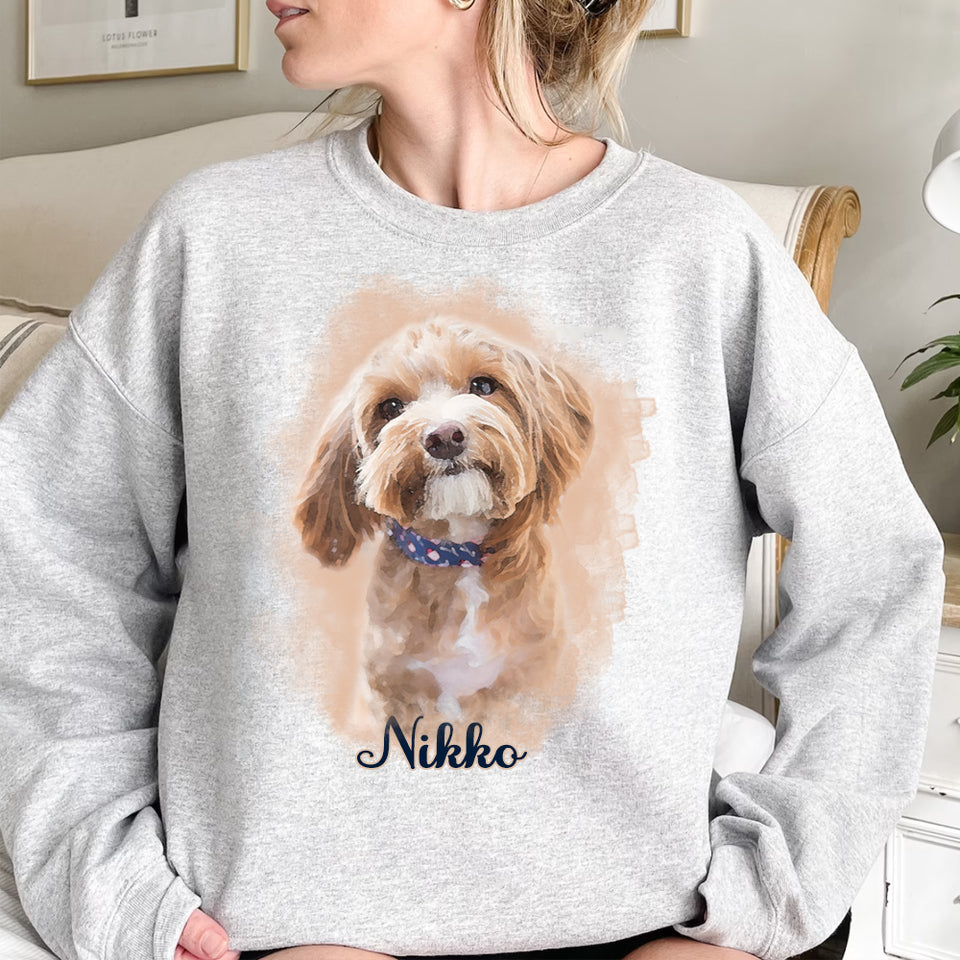 Custom Watercolor Pet Dog Cat Portrait on Sweatshirt, Pet Dog Cat Photo Sweatshirt