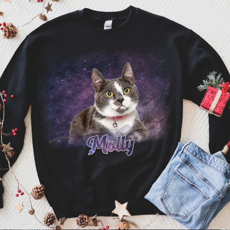 Personalized Galaxy Cat Hoodie, Personalized Cat Picture Hoodie, Custom Cat Photo Sweatshirt