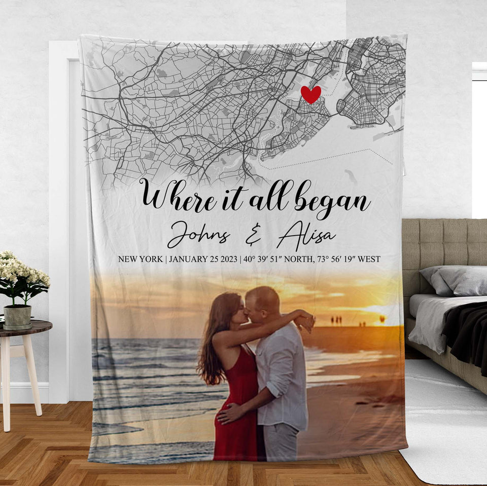 Personalized Couple Blanket, Where It All Began Map, Engagement or Gift for Him & Her