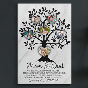 50th Anniversary Gift, Personalized Family Heart Tree With Custom Children Grandchildren Photos Canvas Wall Art