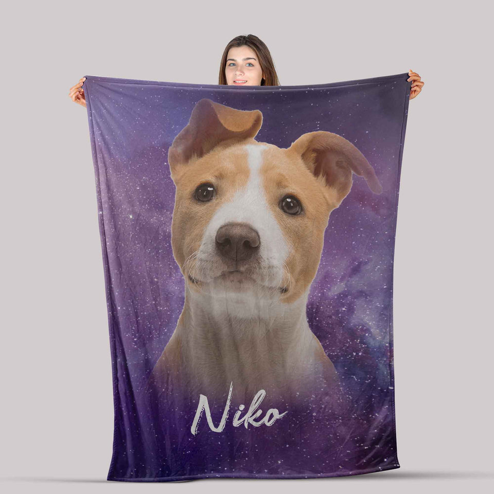 Personalized Custom Dog/Cat Portrait Galaxy Fleece/Sherpa Blanket, Dog Mom Gift Blanket