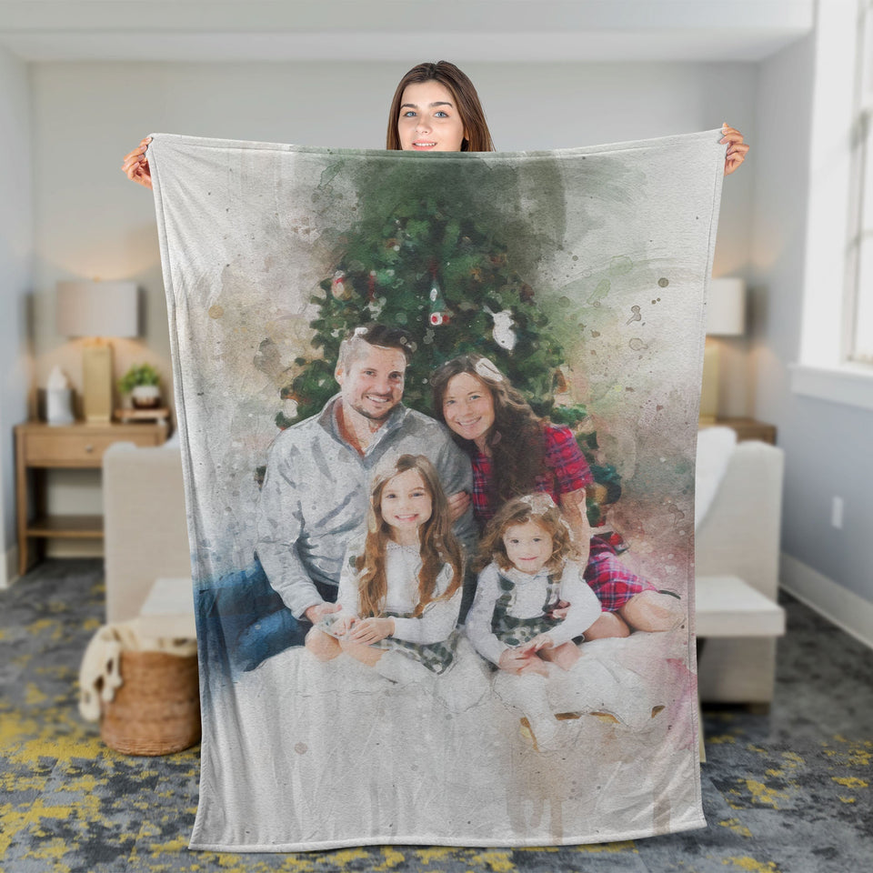 Personalized Christmas Gift Family Photo Watercolor Fleecee/Sherpa Blanket