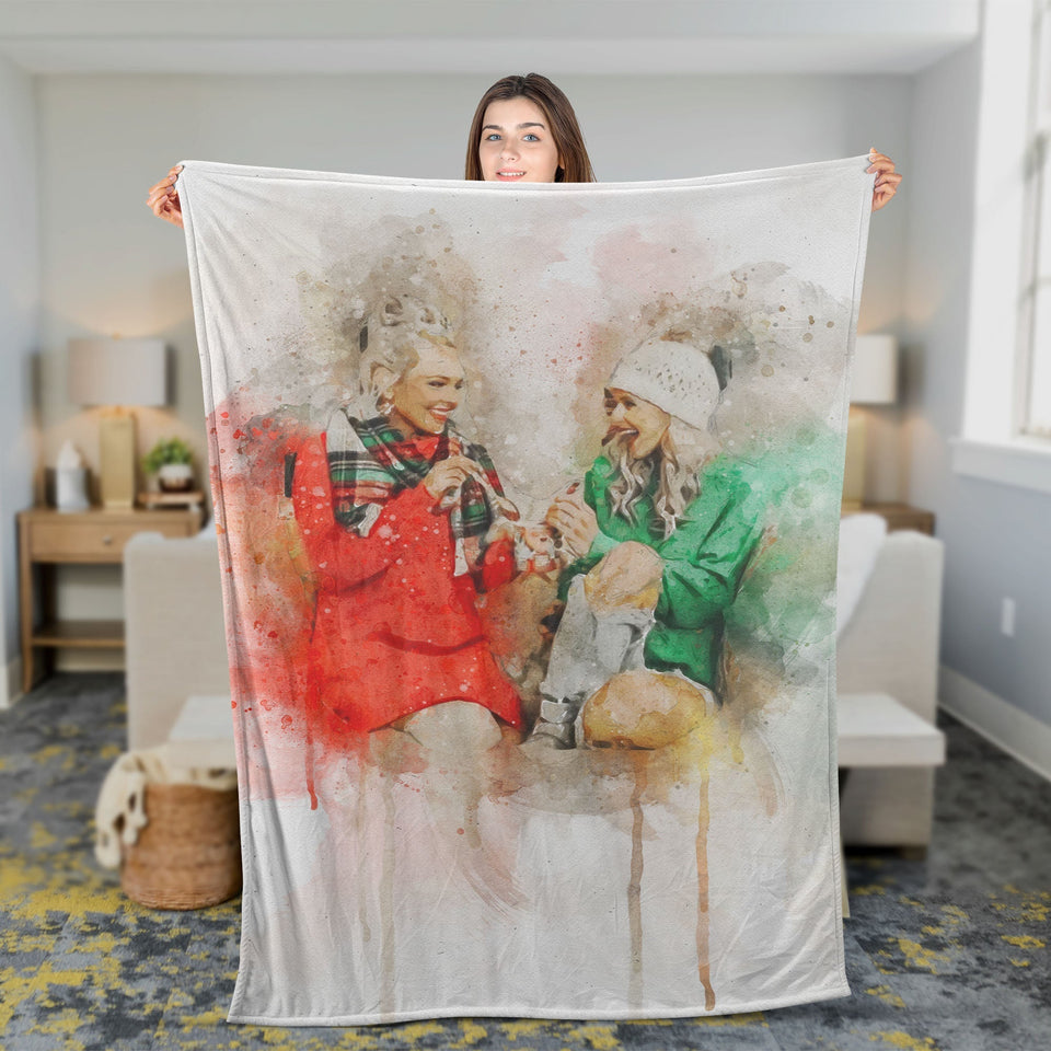 Personalized Christmas Gift Family Photo Watercolor Fleecee/Sherpa Blanket