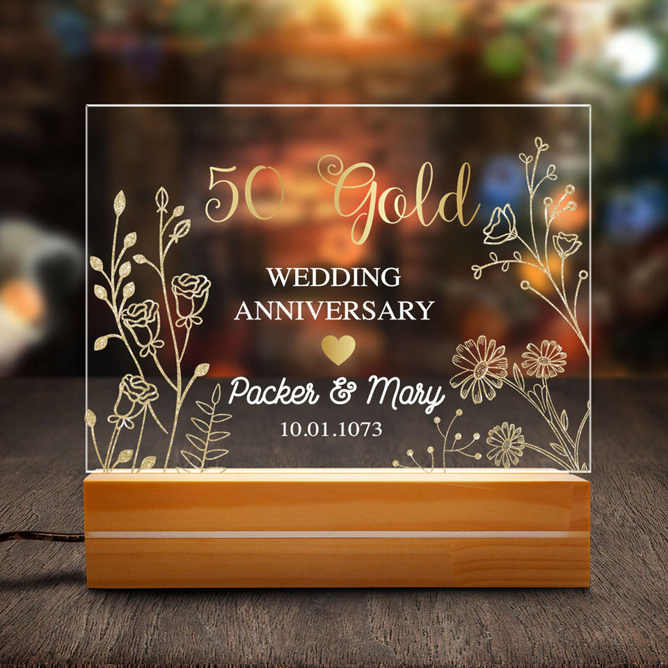 Personalized Golden 50th Anniversary Gift Plaque Anniversary Keepsake Gift Acrylic Plaque LED Lamp Night Light