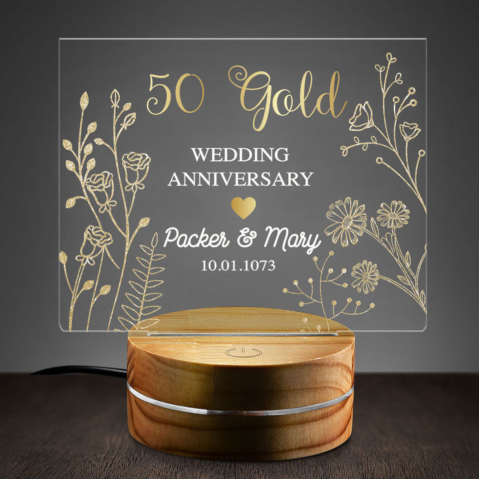 Personalized Golden 50th Anniversary Gift Plaque Anniversary Keepsake Gift Acrylic Plaque LED Lamp Night Light