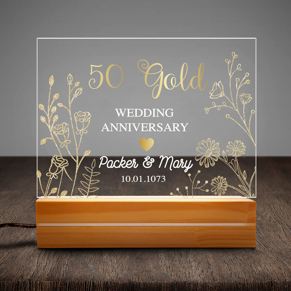Personalized Golden 50th Anniversary Gift Plaque Anniversary Keepsake Gift Acrylic Plaque LED Lamp Night Light