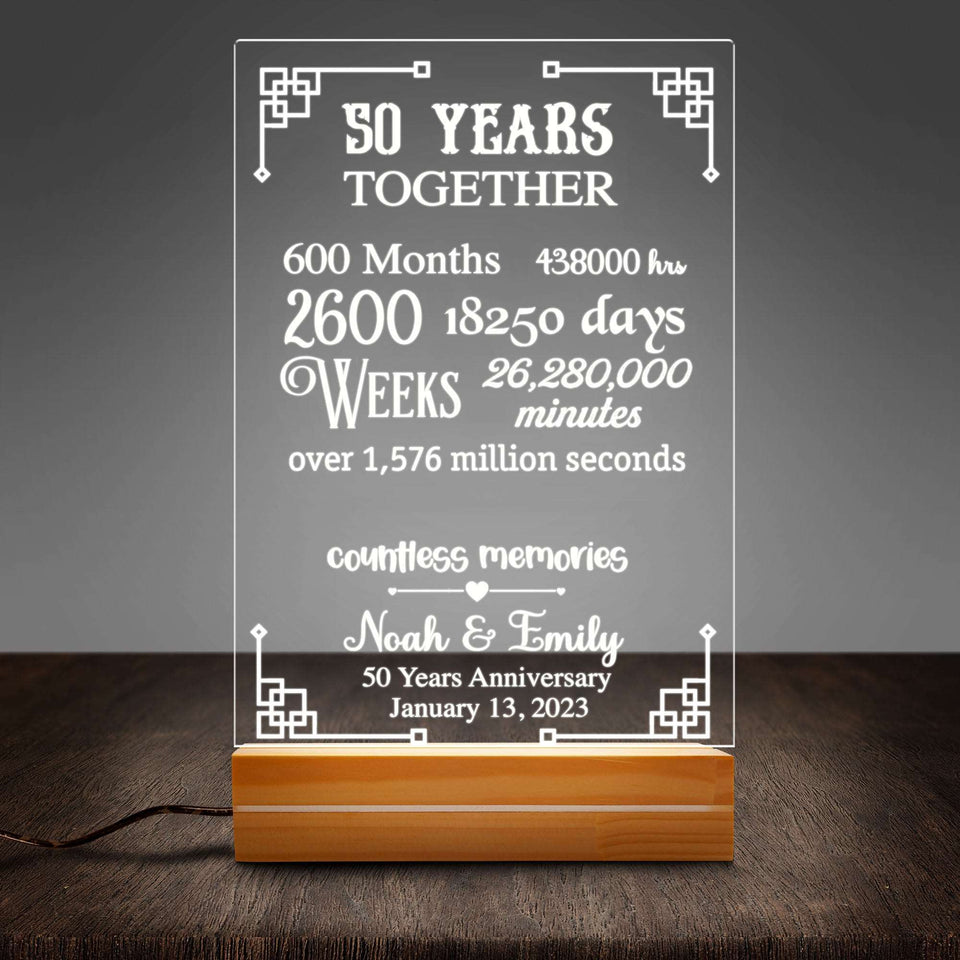 50th Anniversary Gift for Her, Gift for Him, 50 Year Anniversary Plaque Personalized Acrylic Plaque LED Lamp Night Light