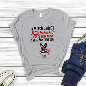 Personalized Witch Dog Halloween T-Shirt, A Witch Cannot Survive on Wine Alone She Needs Dogs