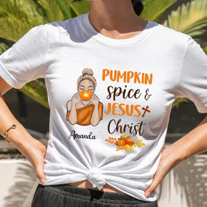 Personalized Pumkin Spice and Jesus Christ Shirt, Thankful, Blessed, Thanksgiving T-Shirt, Christian Shirt