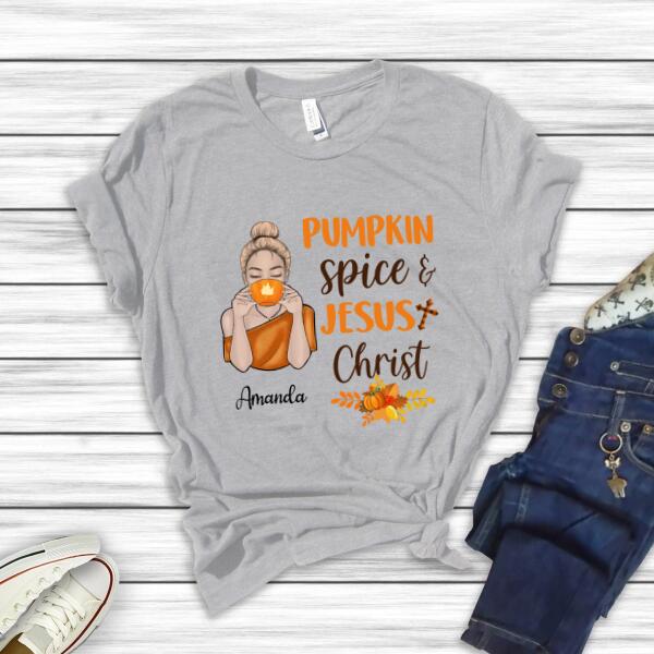 Personalized Pumkin Spice and Jesus Christ Shirt, Thankful, Blessed, Thanksgiving T-Shirt, Christian Shirt